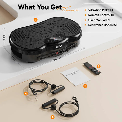 Full Body Vibration Plate Shake Platform set with remote, user manual, and resistance bands for home gym fat burn and toning 300 lbs