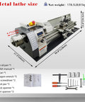 JARYANNIX 8X32 Inch Mini Metal Lathe Machine, 110V 4-Way Tool Post Benchtop Turner, dimensions and included tools.