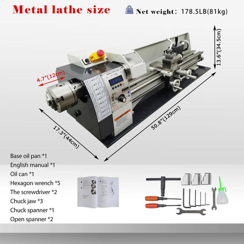 JARYANNIX 8X32 Inch Mini Metal Lathe Machine, 110V 4-Way Tool Post Benchtop Turner, dimensions and included tools.