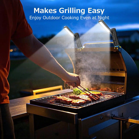Two Pack 5000 Lumen Rechargeable LED Work Light With Magnetic Base, 180 Degree Rotating Head For Car Repair, Emergency, Camping, Outdoor Grilling And Mechanics Projects lighting a grill at night