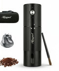 Upgraded High Speed Electric Coffee Grinder With Heavy Duty Stainless Steel Burrs For Quick Perks And Smooth Pour Over Grinds In A Durable Matte Black Build Made For Hustle Ready Mornings, displayed with coffee grounds.