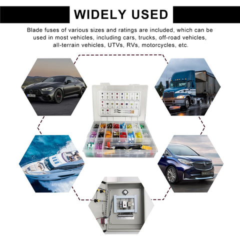 Comprehensive Auto Electric Fuse Assortment Kit With Standard Mini And Low Profile Blades Including Circuit Tester and Fast Puller for Slick Ride in a clear storage box.