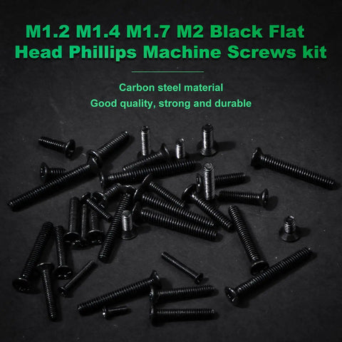 1440 Piece Black Micro Screw Assortment Kit For Laptops And Gaming Rigs With M1 2 M1 4 M1 7 And M2 Phillips Flat Countersunk Fasteners displayed on a dark background.