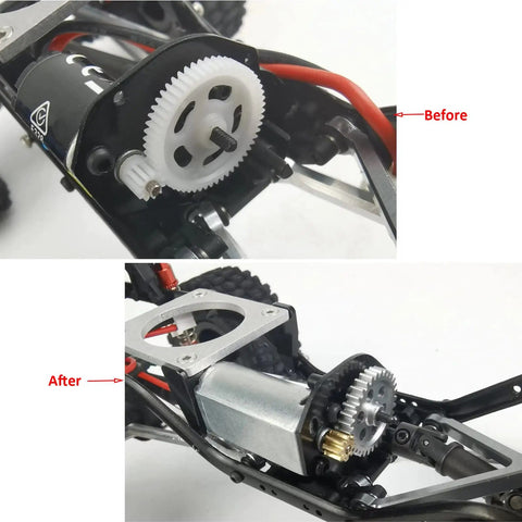 Before and after installation of Heavy Duty 0.5M Metal Transmission Gear Set With 32T And 8T Spur Gears For One Twenty Fourth Scale RC Cars Like SCX24 Upgrade To Boost Speed And Torque