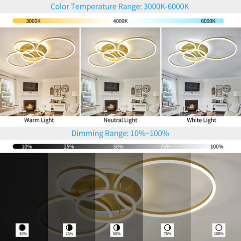 Color temperature and dimming range of 90W Dimmable LED Ceiling Light With Remote Control, 5 Ring Flush Mount Gold Acrylic Chandelier
