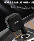 Game Changer 36W Fast Charger With Straight Up Dual Usb C And Universal Usb A Ports For Phones Tablets And Earbuds Compact Wall Car Adapter plugged into a car's power outlet, showing the buckle design.
