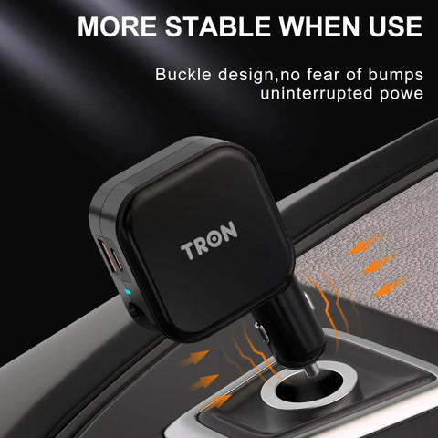 Game Changer 36W Fast Charger With Straight Up Dual Usb C And Universal Usb A Ports For Phones Tablets And Earbuds Compact Wall Car Adapter plugged into a car's power outlet, showing the buckle design.