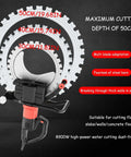 Badass 8900W Brushless Electric Wall Saw With Diamond Blade And Auto Water Cooling For Smooth Concrete Grooving And Rapid Demolition Projects showing cutting depth measurements.