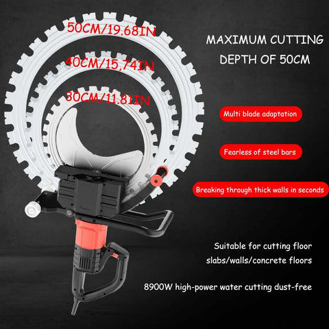 Badass 8900W Brushless Electric Wall Saw With Diamond Blade And Auto Water Cooling For Smooth Concrete Grooving And Rapid Demolition Projects showing cutting depth measurements.