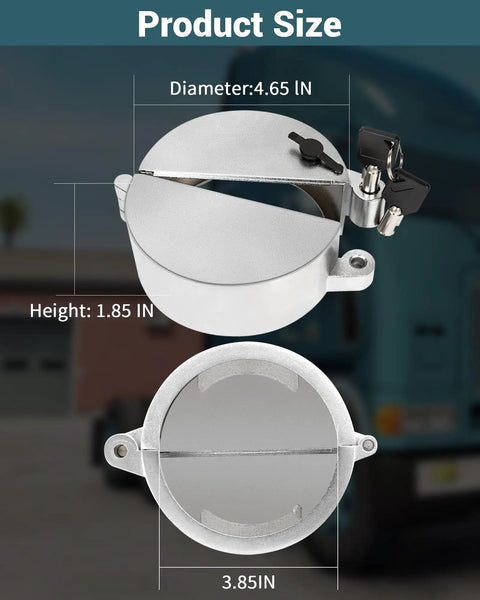 Product size view of 2 Pack Semi Truck Locking Fuel Cap Cover Compatible With Freightliner Sterling Western Star Class 8 Trucks Anti Theft Shield Durable Fuel Tank Cap Replacement