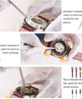 9 Piece Watch Battery Replacement Tool Kit with precision tweezers in use to remove watch back case and replace battery