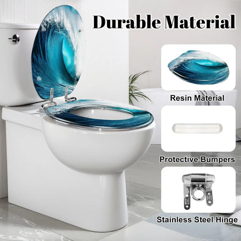 Generic Elongated Resin Toilet Seat for Bathroom with wave design, showcasing stainless steel hinges and protective bumpers.