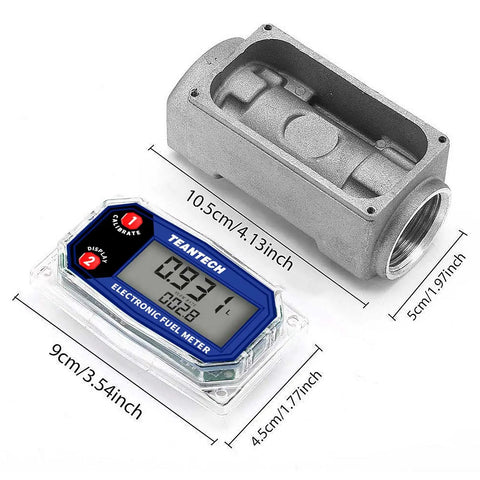 Digital Turbine Flow Meter With LCD Readout And NPT Counter For Diesel Gasoline Kerosene And Oil 1 Inch Inlet Compact Lightweight Design image showing dimensions