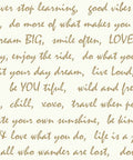 Gold Dream Big Script Peel And Stick Wallpaper with inspirational quotes on a cream background. Removable and repositionable wall covering.