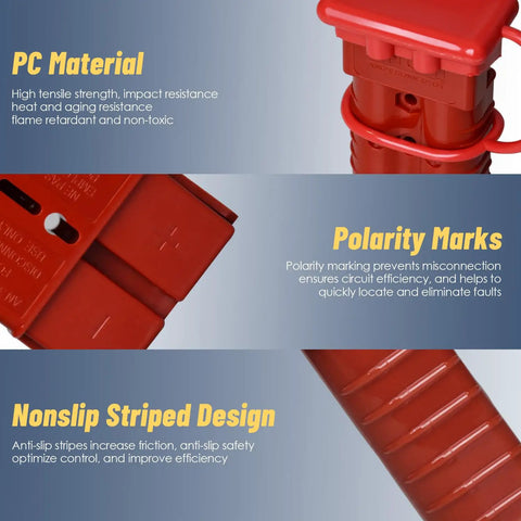 Close-up of 350 Amp Battery Power Connector Kit with 2 Pole Plugs, featuring PC material, polarity marks, and nonslip striped design.