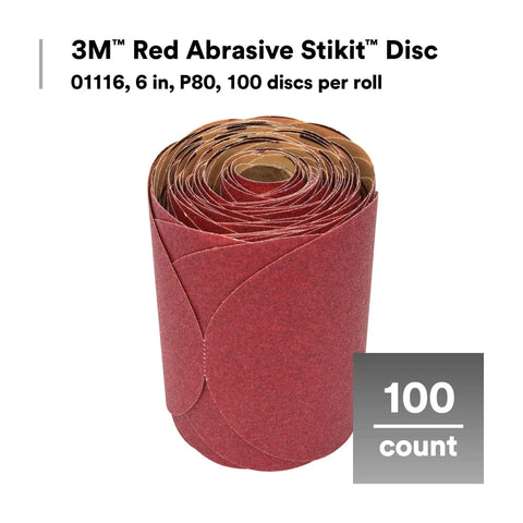 Stikit Red Abrasive PSA Disc 6 Inch P80 For Auto Body Sanding 100 Disc Roll shown from front view