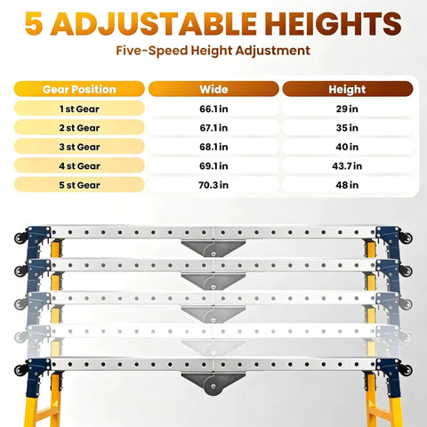 Heavy Duty Rolling Welding Station With Rock Solid Locking Casters And Rust Proof Galvanized Plate Top adjustable height chart showing five settings.