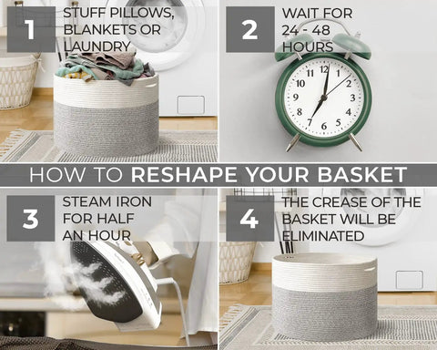 Big Woven Storage Basket For Laundry And Blankets, Extra Large Beige Cotton Organizer, reshaping steps with clock and iron