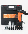 Heavy Duty Pneumatic Rivet Nut Tool Trade Grade Air Riveter Setting Kit with interchangeable nose pieces and accessories.