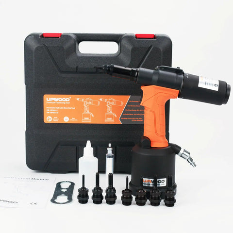 Heavy Duty Pneumatic Rivet Nut Tool Trade Grade Air Riveter Setting Kit with interchangeable nose pieces and accessories.