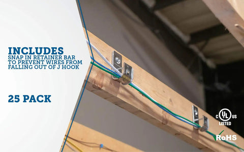 4 Inch J Cable Support Hook Workhorse Heavy Duty Zinc Plated Steel Cable Organizer Holds Up To 300 Cat 5E Wires Includes Snap In Retainer Bar To Keep Cables From Slipping 25 Pack Ideal For Data Cabling In Walls And Closets mounted on wooden beam holding cables