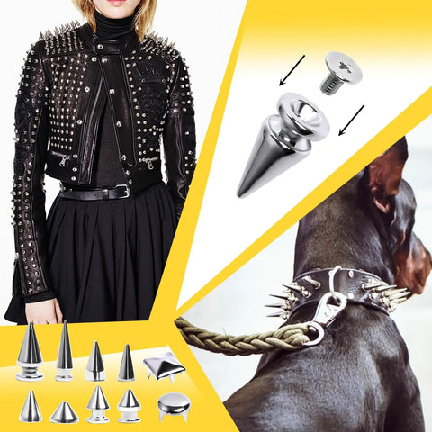 Dope 550 Piece Punk Studs And Spikes Kit with jacket, studs, and spiked dog collar for craft projects.