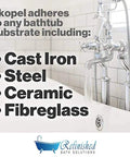 Ekopel adhesion to cast iron, steel, ceramic, and fiberglass tubs, featuring Pour On Tub And Tile Reglazing Kit For Sinks And Tubs, DIY Bathroom Remodel With Gloss White Finish, Odorless Low VOC Tub Paint, Longest Lasting Pro DIY Tub Refinishing, Sink Refurbish Kit, Made In USA.