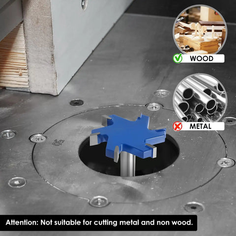 Beast Slab Flattening Router Bit 1/2 Inch Shank 2-1/2 Inch Cutting Diameter 6 Flute Surfacing Bit in router, metal warning