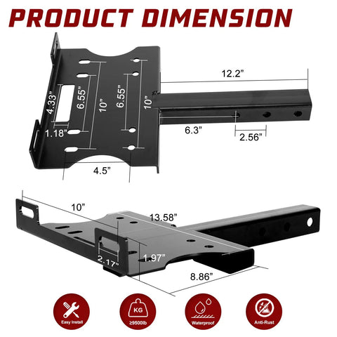 Universal 2 Inch Receiver Winch Mount Plate Beefed Up Heavy Duty Cradle Bracket dimensions with pre-drilled holes for ATV UTV SUV.