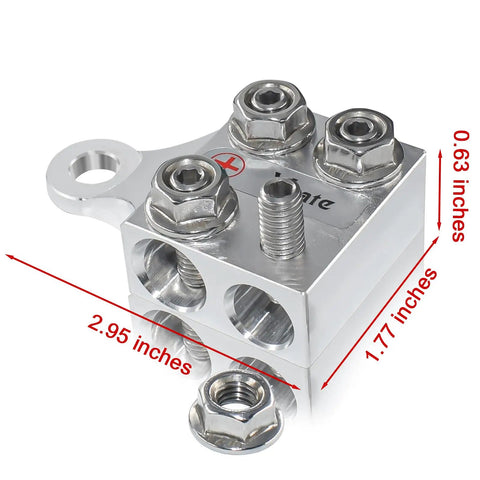 Eight Way Battery Terminal Distribution Block For Lithium Or Agm Batteries featuring Four AWG hole holders plus threaded studs, compact design.