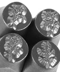 Close-up of 4 floral designs from Birth Month Flower Metal Stamping Kit - 12-Piece 5/16 Inch (8mm) Jewelry Punch Stamps, HRC 58-62 Steel