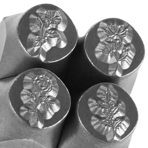 Close-up of 4 floral designs from Birth Month Flower Metal Stamping Kit - 12-Piece 5/16 Inch (8mm) Jewelry Punch Stamps, HRC 58-62 Steel