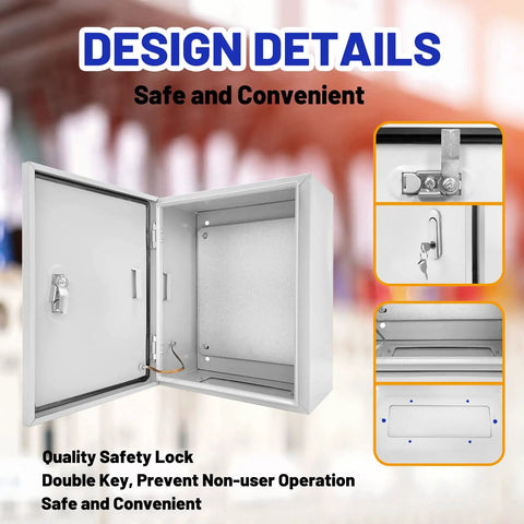 Open Built Tough All Weather Outdoor Electrical Box 16 By 12 By 8 Inch NEMA 4X Steel Enclosure showing lockable features.