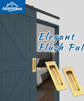 2 Pack 120Mm Flush Sliding Door Pulls Recessed Finger Pulls for Sliding Barn Doors, Brushed Gold handles installed on blue door.
