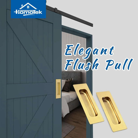 2 Pack 120Mm Flush Sliding Door Pulls Recessed Finger Pulls for Sliding Barn Doors, Brushed Gold handles installed on blue door.