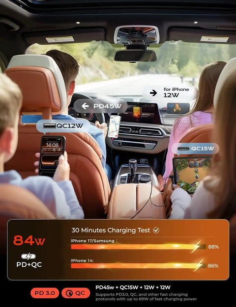 Retractable Car Charger Featuring 84W USB C Fast Power Dual Snakes for iPhone 17 16 15 Pro Max in a car setting.