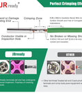 Detailed comparison of crimping effects between JRready terminals and others, showing inspection hole and conductor visibility.
