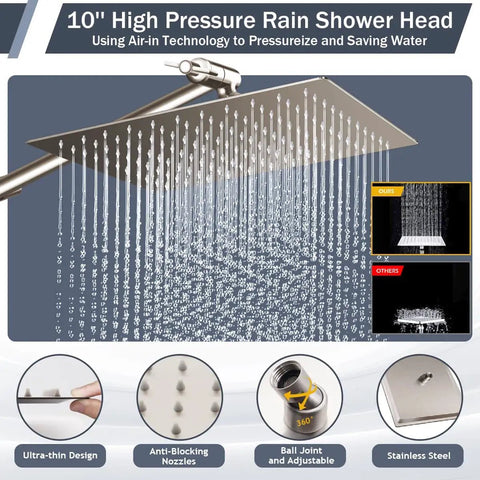 Brushed Nickel Rain Shower Head With Handheld Shower Head, 10 Inch High Pressure Combo, showing water spray and features