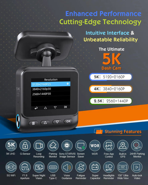 Image of 5K Front Dash Cam With GPS And 5G WiFi Sony STARVIS Sensor HDR Night Vision showing resolution settings and upgraded features.