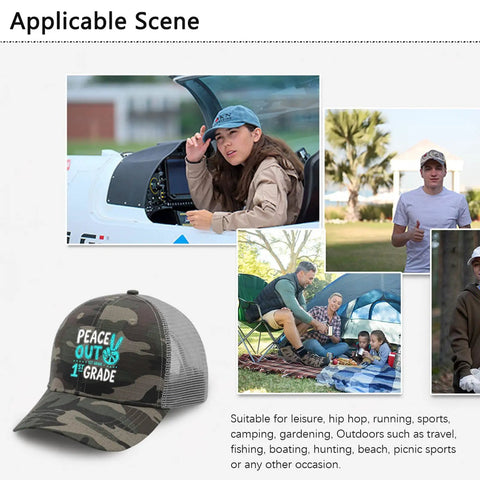 Mens Ball Cap Dope Streetwear Athletic Trucker Hat with adjustable buckle in camo design showcasing outdoor activities.