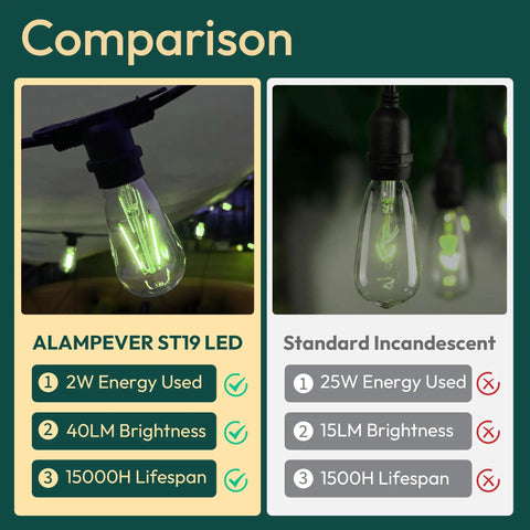 Comparison of Alampever LED and standard incandescent bulbs, highlighting energy use, brightness, and lifespan differences.