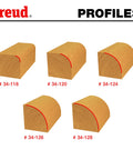 Round Over Beading Router Bit Set, 5-Piece, 1/2 Inch Shank With 3/8 Inch Bearing, wood profiles displayed in red cut-out design