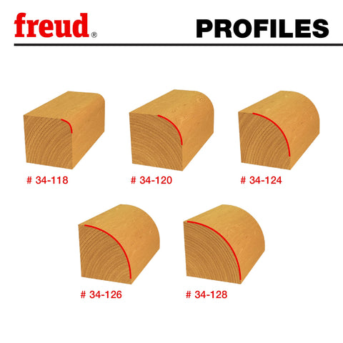 Round Over Beading Router Bit Set, 5-Piece, 1/2 Inch Shank With 3/8 Inch Bearing, wood profiles displayed in red cut-out design
