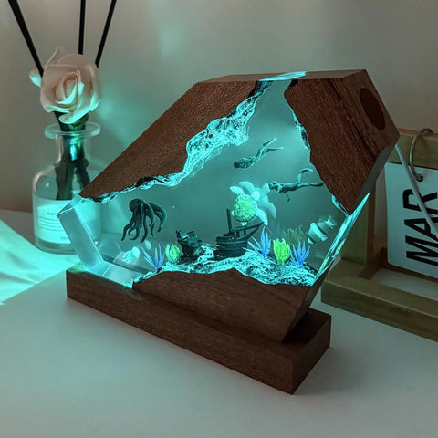 Cool Octopus Resin Lamp With Wooden Base Handcrafted Ocean Night Light RGB Color Changing Ambient Lamp For Bedroom Decor