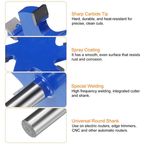 Close-up of Heavy Duty Beefed Up Six Wing Carbide T Slot Cutter Rabbeting Router Bit with 12.7mm shank and spray-coated finish.