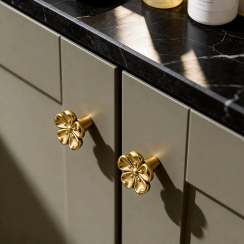 Premium Solid Brass Gold Cabinet Knobs With Cherry Blossom Flower Design on kitchen cabinet