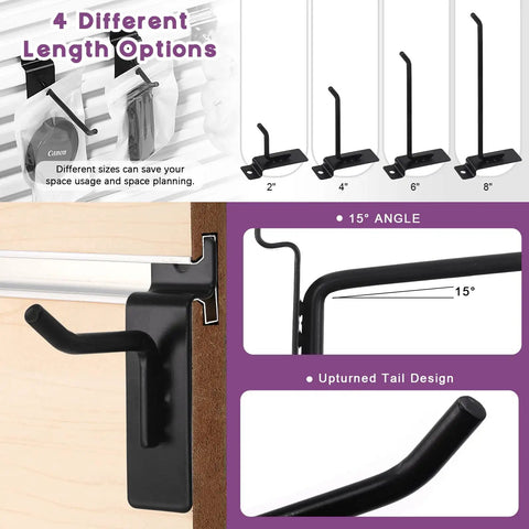 Image showing 20 Piece 4 Inch Heavy Duty Slatwall Hooks Kit For Garage Organization And Retail Display Slatwall Panel Hooks Gridwall And Pegboard Compatible Black Finish Durable Storage Hooks Set. Different hook length options displayed.