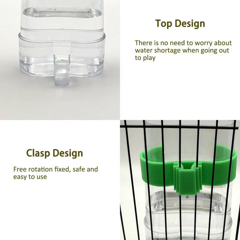 Heavy Duty Automatic Bird Feeder And Water Dispenser Cage Combo Zero Mess Setup showing top and clasp designs for easy use.