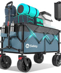 Extra Large Foldable Wagon With All Terrain Beach Wheels Heavy Duty Collapsible Cart For Camping Gardening And Sports in Blue and Gray