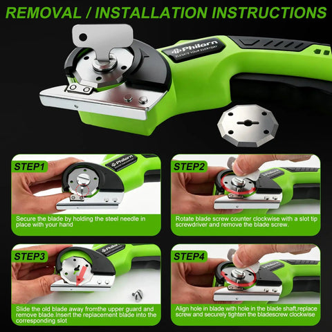 Cordless Electric Scissors For Cardboard And Paper Cutting Rechargeable Portable Handheld Power Tool showing installation instructions with color-coded steps.